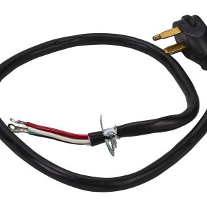 4' 4-Wire Range Power Cord, rated 40 A, with 4-wire, 4-ring terminal connectors, and right-angle 4-prong plug - Black