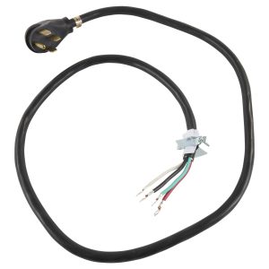 6' Electric Range Power Cord, rated 40 A, 4-wire 4-ring terminal connectors, and right-angle 4-prong plug - Black