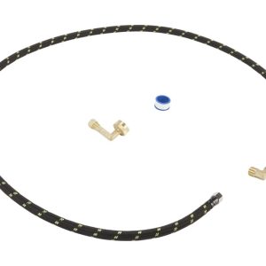 Dishwasher Water Line Installation Kit with 6' braided hose, 3/8" comp x 3/8" NPT male elbow fitting, 3/4" NH x 3/8" comp gooseneck fitting with EPDM washer, teflon tape, and instructions - Black