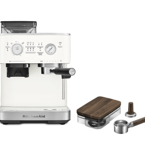 Semi Automatic Espresso Machine with Walnut Wood Accessory Kit - Porcelain White