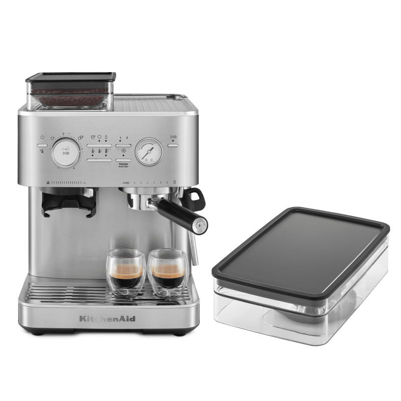 Coffee Set: Semi Auto Espresso + 8 Oz. Removable Bean Hopper - Brushed Stainless Steel
