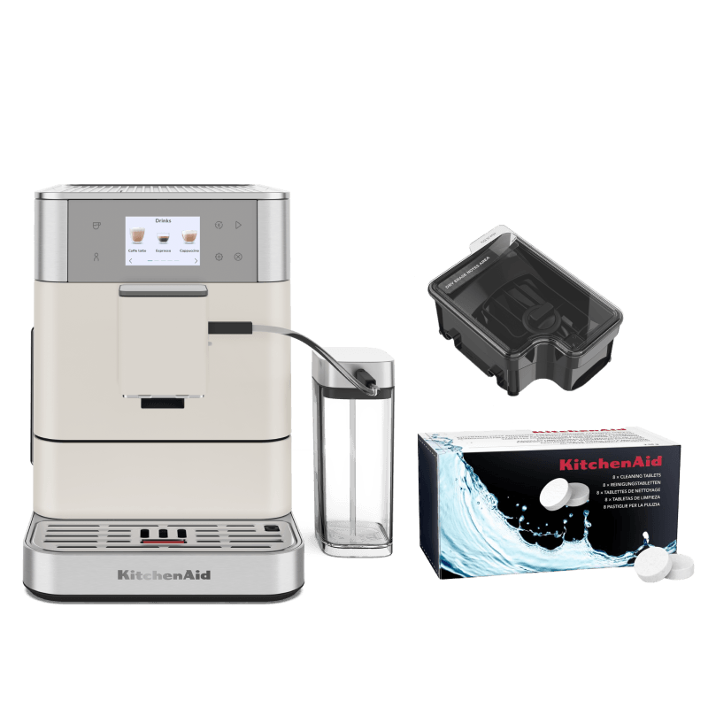 Coffee Set: Fully Auto Espresso KF7 + Cleaning Tablets + 9.5 Oz. Removable Bean Hopper - Porcelain White