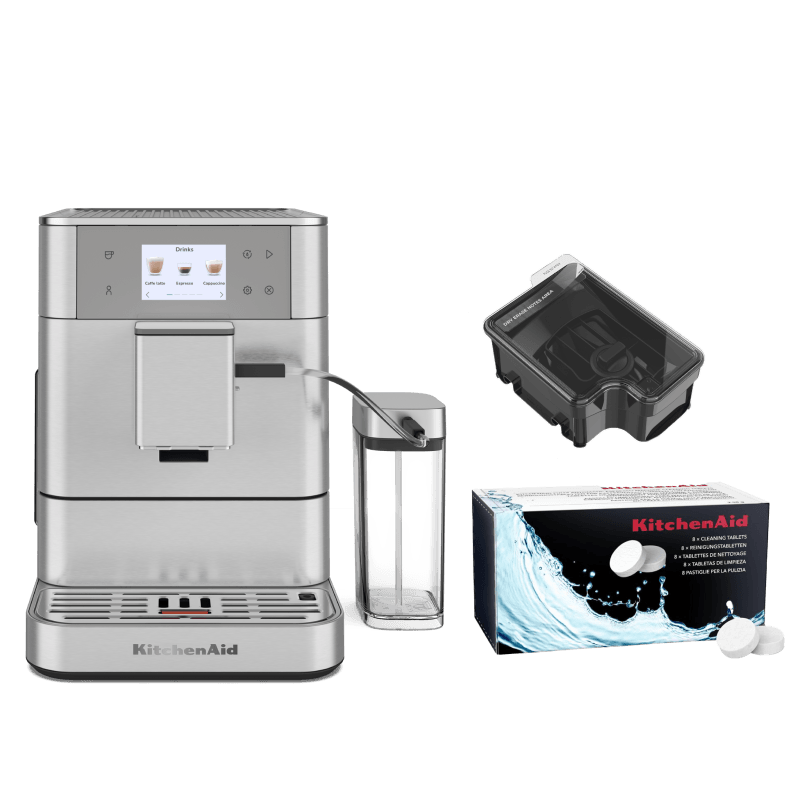 Coffee Set: Fully Auto Espresso KF7 + Cleaning Tablets + 9.5 Oz. Removable Bean Hopper - Brushed Stainless Steel