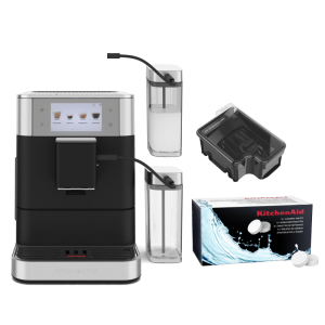Coffee Set: Fully Auto Espresso KF8 + Cleaning Tablets + 9.5 Oz. Removable Bean Hopper + 26.7 Oz. Milk Container - Cast Iron Black
