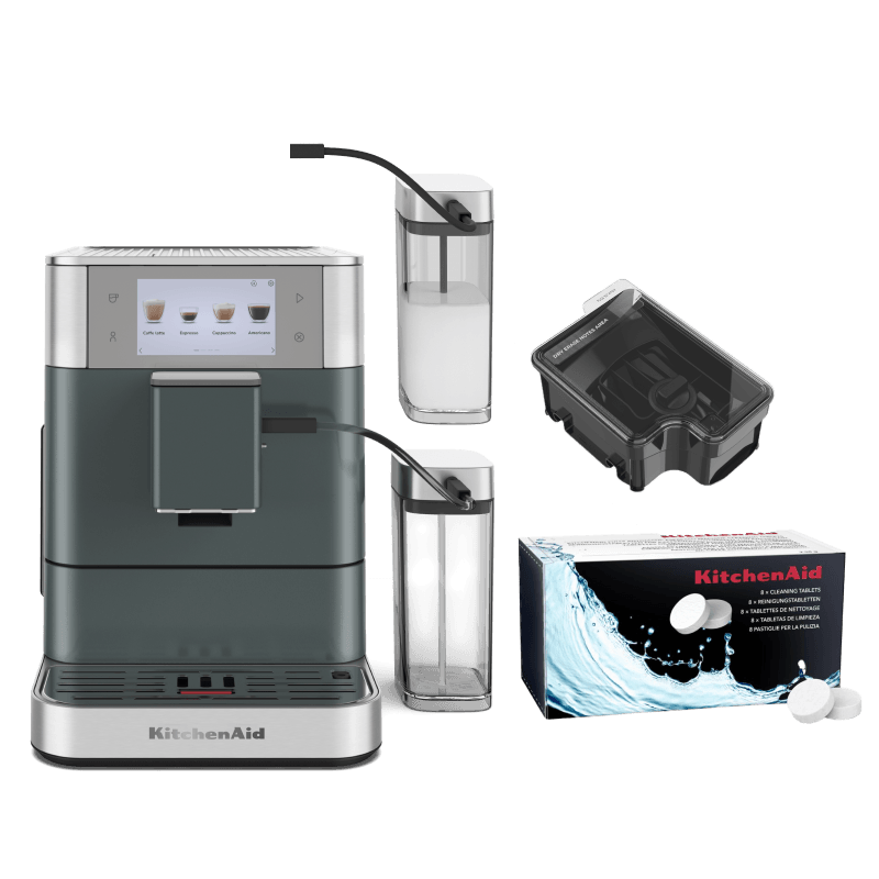 Coffee Set: Fully Auto Espresso KF8 + Cleaning Tablets + 9.5 Oz. Removable Bean Hopper + 26.7 Oz. Milk Container - Juniper