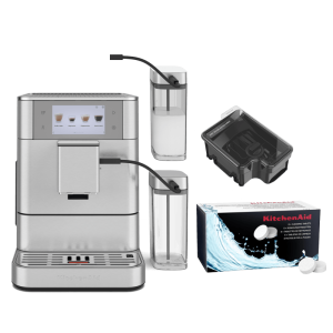 Coffee Set: Fully Auto Espresso KF8 + Cleaning Tablets + 9.5 Oz. Removable Bean Hopper + 26.7 Oz. Milk Container - Brushed Stainless Steel